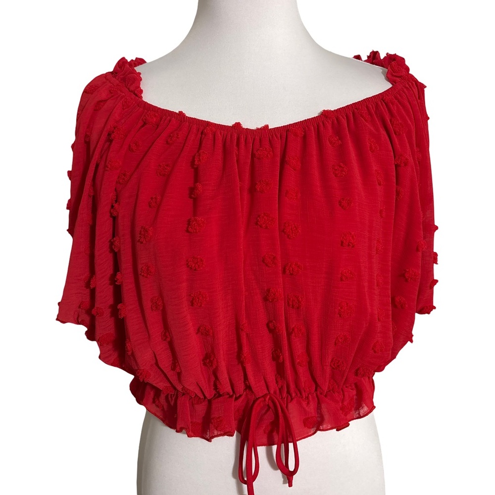 Chrysanthemum Red Off Shoulder Crop Top Elegant